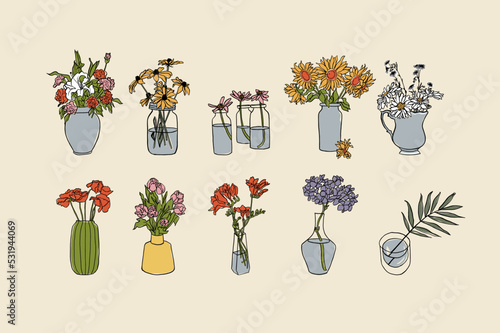 Vector illustration set of ink flowers in vases. Art for for prints, wall art, banner, background.