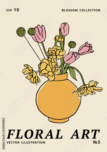 Vector illustration - ink floral posters with tulip flowers in vase. Art for for prints, wall art, banner, background.