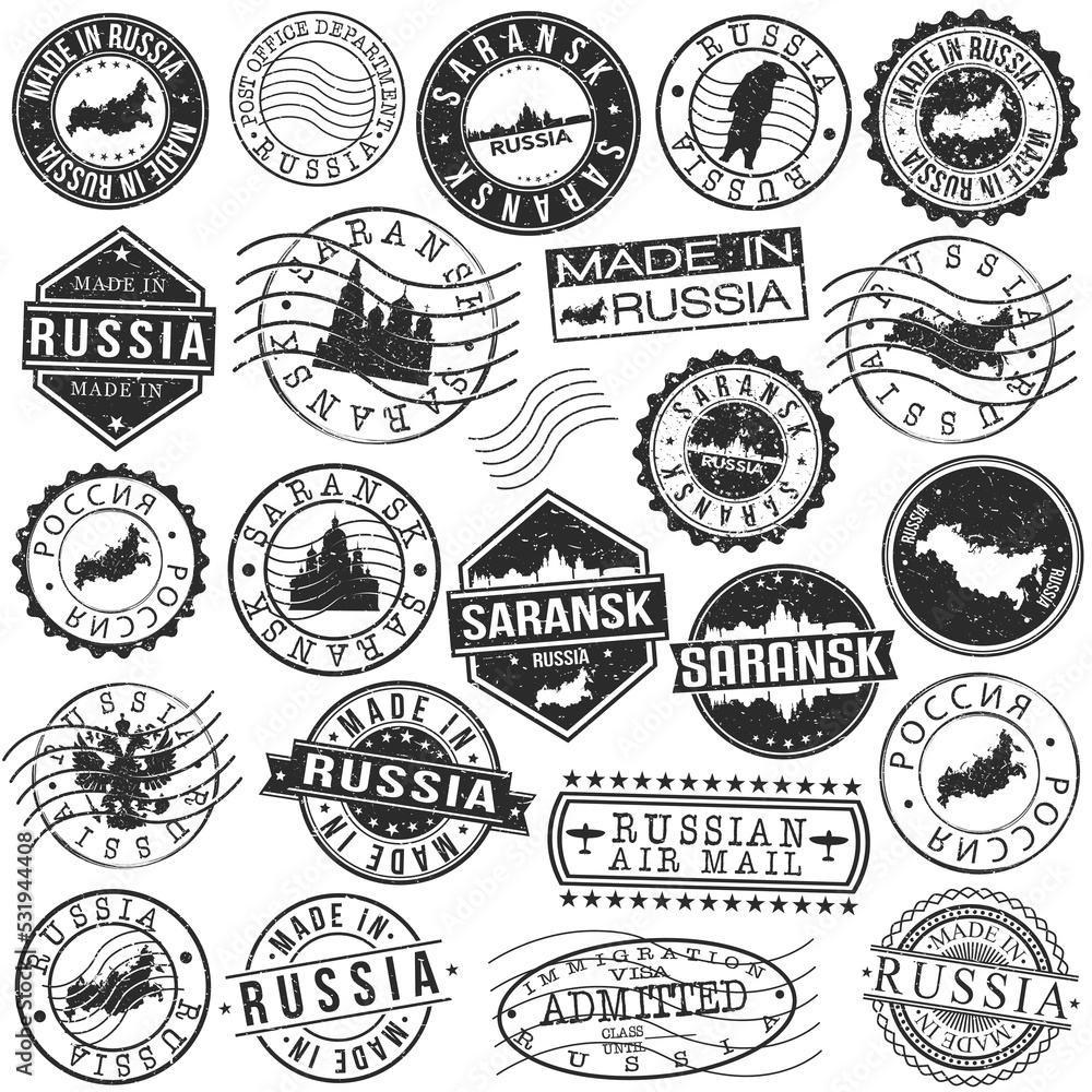 Saransk, Mordovia, Russia Set of Stamp. Vector Art Postal Passport Travel Design. Travel and Business Seals. Saransk, Mordovia, Russia Set of Stamp. Vector Art Postal Passport Travel Design. Travel and Business Seals.