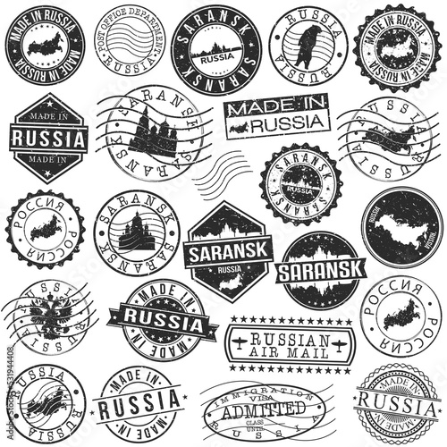 Saransk, Mordovia, Russia Set of Stamp. Vector Art Postal Passport Travel Design. Travel and Business Seals.