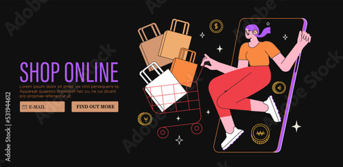 Woman with shopping cart buy presents, gifts online in store or shop through mobile application. Concept of sale, discount special coupon for web banner, ads or socila media and emails. Black friday. photo