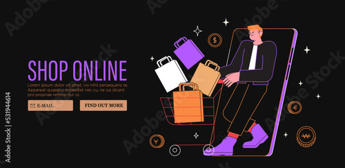 Man with shopping cart buy presents, gifts online in store or shop through mobile application. Concept of sale, discount special coupon for web banner, ads or socila media and emails. Black friday.