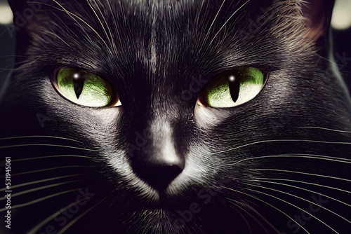 A scary cat look from close up on a black background. Halloween themes and horror atmosphere. It looks like a panther with witch eyes. It is unfortunate and superstitious. 3D illustration
