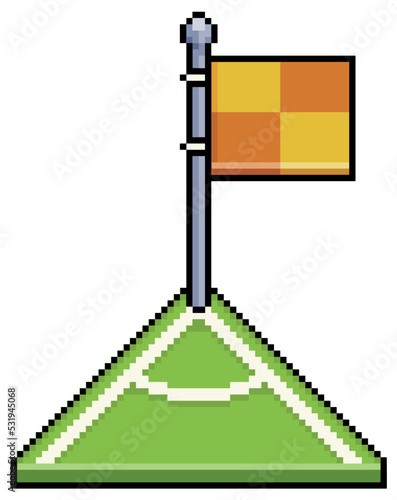 Pixel art corner kick with orange and yellow flag. Football corner vector icon for 8bit game on white background 