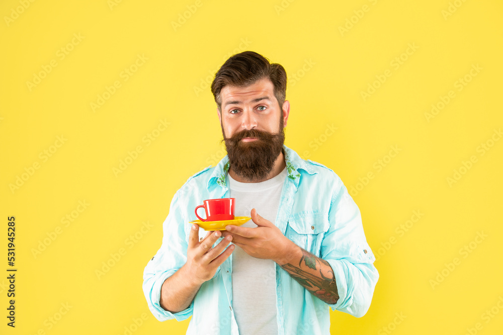 custom made wallpaper toronto digitalconfused bearded guy hold morning coffee on yellow background, morning