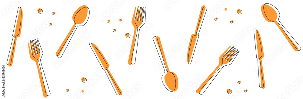 Set of silhouettes kitchen tools fork spoon knife for cutting culinary banner with place for your text vector illustration isolated on white background Set of silhouettes kitchen tools fork spoon knife for cutting culinary banner with place for your text vector illustration isolated on white background