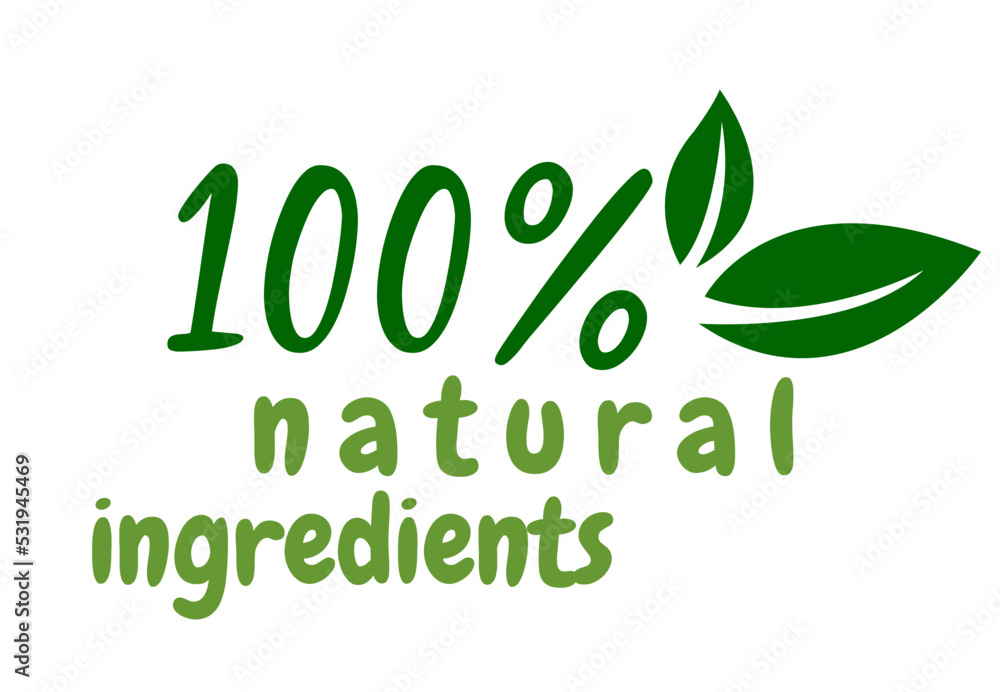 100% natural ingredients, Green Healthy Organic Natural Eco Bio Food Products Label Stamp. Natural products stickers, label, badge and logo. Ecology icon. Logo template with green leaves 100% natural ingredients, Green Healthy Organic Natural Eco Bio Food Products Label Stamp. Natural products stickers, label, badge and logo. Ecology icon. Logo template with green leaves