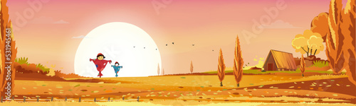 Autumn landscape with sunset orange sky in evening light background,Vector natural fall season,cute cartoon smiling scarecrow standing on farm field with wood barn,forest tree in countryside