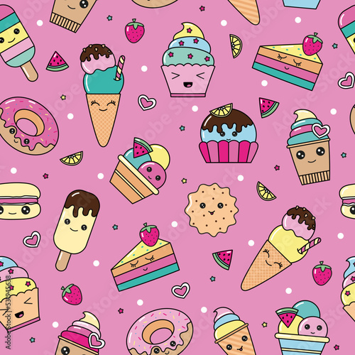 vector pattern of kawaii dessert, sweet and dessert doodle. Pattern wiht cute cake, sweet donat, cartoon cookies and macaron
