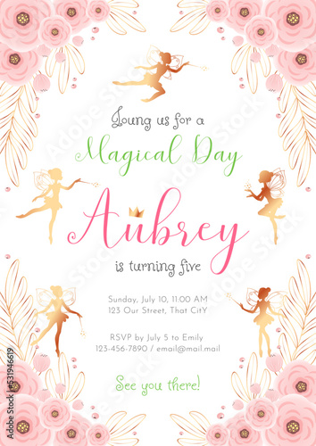 Birthday party invitation template. Gold silhouette of a cute little fairy on a beautiful floral background. Vector illustration 10 EPS.