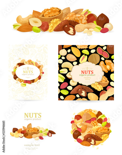 collection of nutty mix. heap of seeds and kernels, half of waln