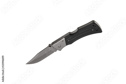 Pocket folding knife isolate on white back. Compact metal sharp knife with a folding blade.