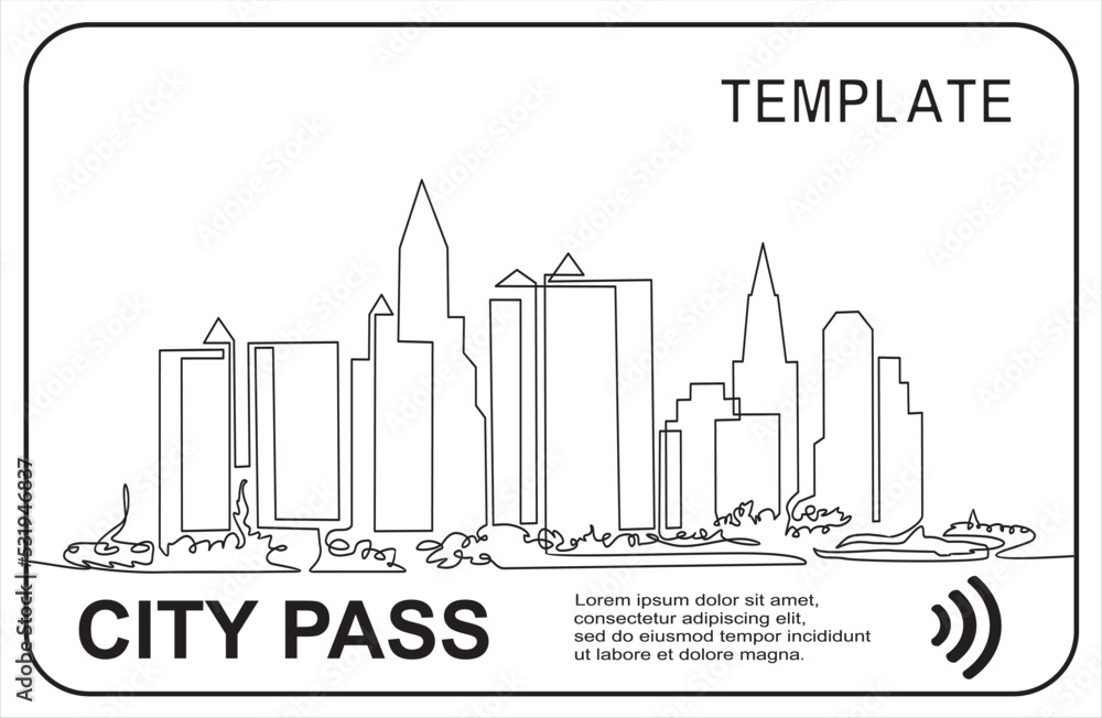 City pass. Continuous one line drawing of Modern cityscape. Bus, train, subway travel ticket with cashless payment system. Card with houses.