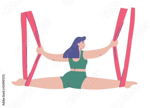 Curvy woman stretching. Female character practicing aerial yoga. Hand drawn vector illustration