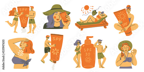 Collection of happy people with SPF tubes and bottles. Sun protection and summer skin care concept. Cartoon vector illustration
