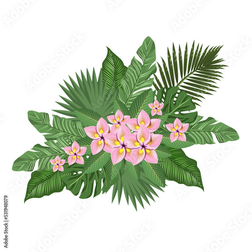 Flower arrangement   tropical leaves and flowers on a white background.Vector illustration for wedding  greeting cards textiles.