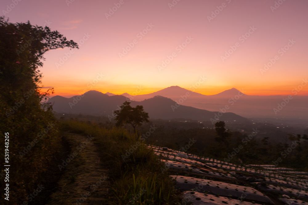 Sunrise view on vegetable plantation landscape at slope of mountain. Mount Sumbing, Indonesia.