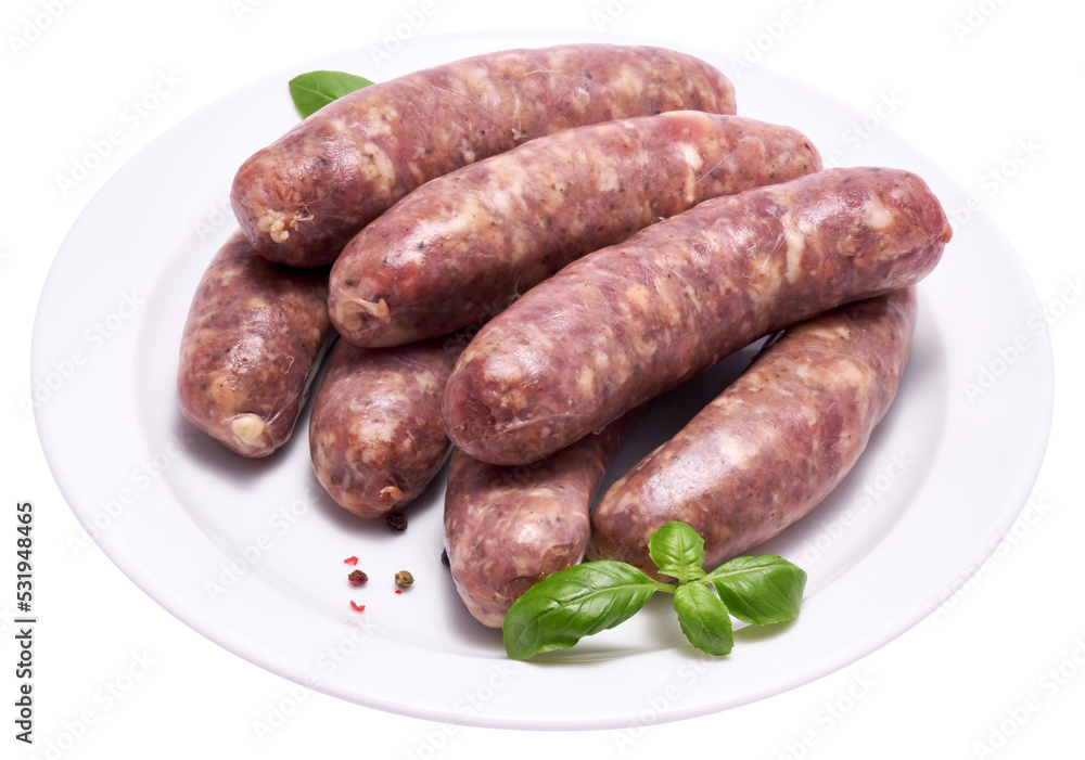 Raw beef or pork grill sausage on ceramic plate isolated