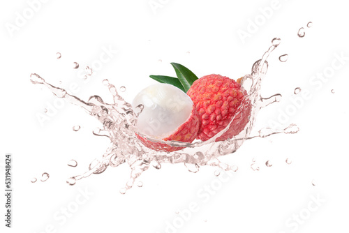 Lychee fruit juice splash isolated on white background. photo