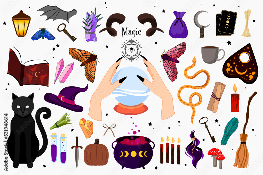 Magic wizard items set. Potion, book with spells, broom flying, cards, multicolored energy crystals, witchs hat, bottles, magic ball. Magic wizard items set. Potion, book with spells, broom flying, cards, multicolored energy crystals, witchs hat, bottles, magic ball.