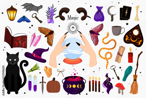 Magic wizard items set. Potion, book with spells, broom flying, cards, multicolored energy crystals, witchs hat, bottles, magic ball.