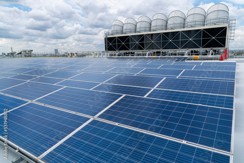 Hot climate and Sets of cooling towers cause increased power production,Alternative energy to conserve the world's energy, rooftop solar and cooling systems.