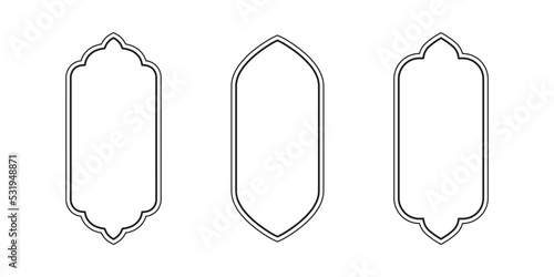 Islamic vector shape of a window or door arch. Arab frame set. Ramadan kareem outline icon. Mosque gate. Islamic arabesque pattern. Arabian muslim shape arch