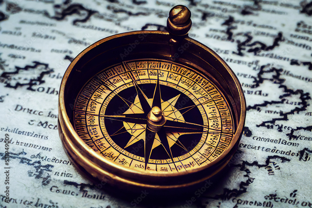 Vintage compass and old navy navigation instruments, on a geographical map used to explore the world and give the north, in a warm and friendly style