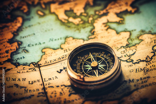 Vintage and nostalgic drawing of a vintage wooden compass placed on an old map of the world, for a studious atmosphere on geography and history