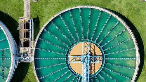 Canvas Print Aerial top view wastewate water treatment plant, Purification tanks of wastewater treatment plant, Top view sewage treatment plant, aerial view solid contact clarifier tank