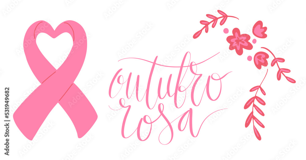 Outubro Rosa - October Pink in portuguese language. Brazil Breast Cancer Awareness campaign web banner. Handwritten lettering.