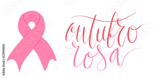 Outubro Rosa - October Pink in portuguese language. Brazil Breast Cancer Awareness campaign web banner. Handwritten lettering.