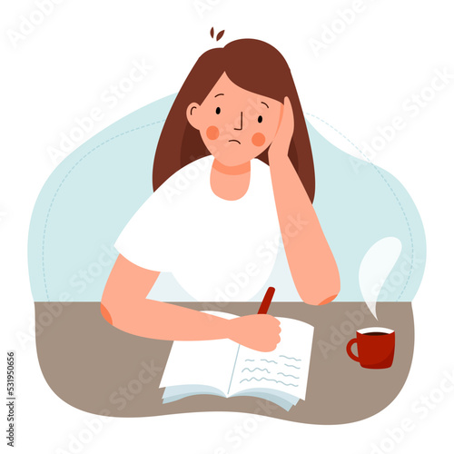 The school girl does difficult homework. The student is engaged, learning difficulties.
