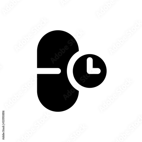 Taking medicine on time black glyph ui icon. Regular treatment. Capsule dosage. User interface design. Silhouette symbol on white space. Solid pictogram for web, mobile. Isolated vector illustration