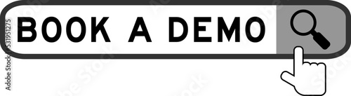 Search banner in word book a demo with hand over magnifier icon on white background