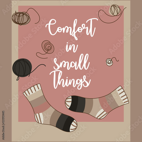 A postcard for autumn and winter. Cute, warm, cozy postcards with sketches of knitted socks and pleasant wishes. Suitable for printed products on paper and textiles. 