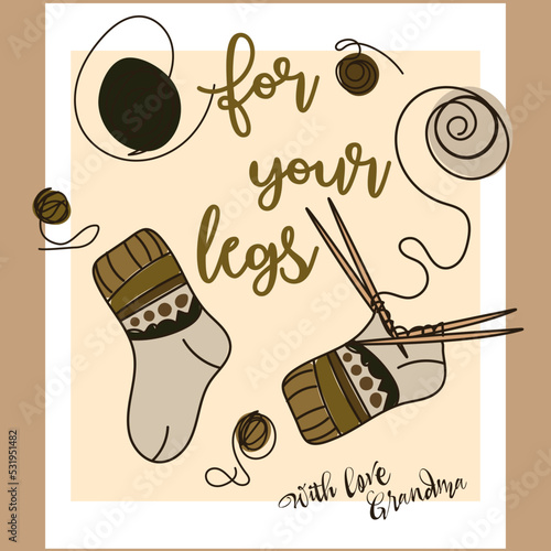A postcard for autumn and winter. Cute, warm, cozy postcards with sketches of knitted socks and pleasant wishes. Suitable for printed products on paper and textiles. 