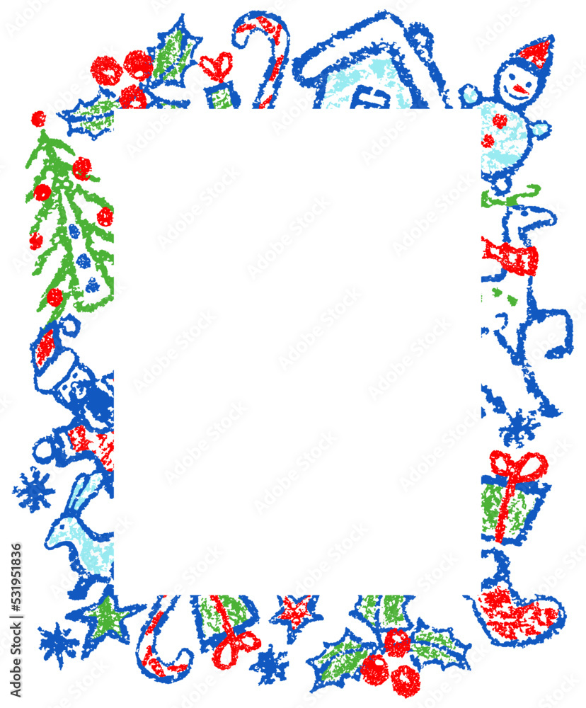 Crayon hand drawing Chrismas cartoon blank, banner, frame, background. Snowman, tree, deer, snow, santa, hut. Fun doodle simple vector flat cartoon style. Pastel chalk or pencil child painting