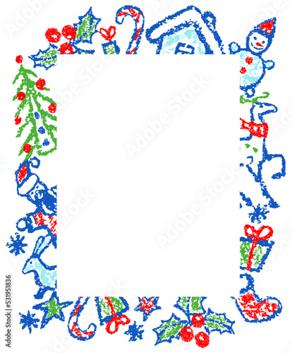 Crayon hand drawing Chrismas cartoon blank, banner, frame, background. Snowman, tree, deer, snow, santa, hut. Fun doodle simple vector flat cartoon style. Pastel chalk or pencil child painting