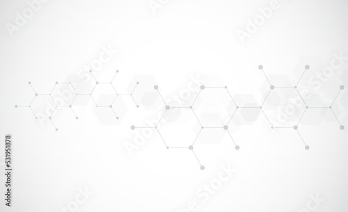 Hexagons pattern on gray background. Genetic research, molecular structure. Chemical engineering. Concept of innovation technology. Used for design healthcare, science and medicine background