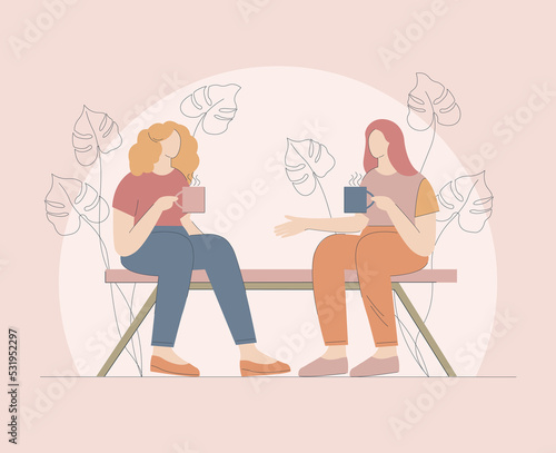 Two friends talking and drinking coffee