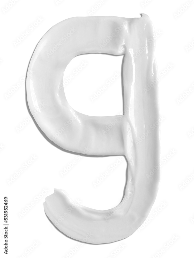 Alphabet Letter g, Cream moisturiser smudge texture smear letter written with white liquid beauty product Alphabet Letter g, Cream moisturiser smudge texture smear letter written with white liquid beauty product
