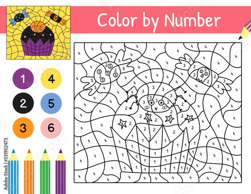 Halloween color by number game with a cute spider on cupcake. Trick or treat coloring page for kids. Printable worksheet with solution for school and preschool. Vector illustration