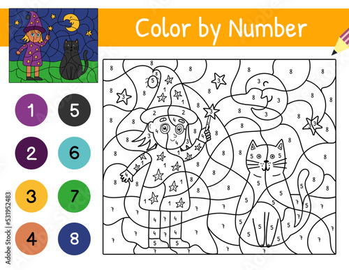 Halloween color by number game with cute witch and cat. Trick or treat girl in magician costume coloring page for kids. Printable worksheet with solution for school and preschool. Vector illustration