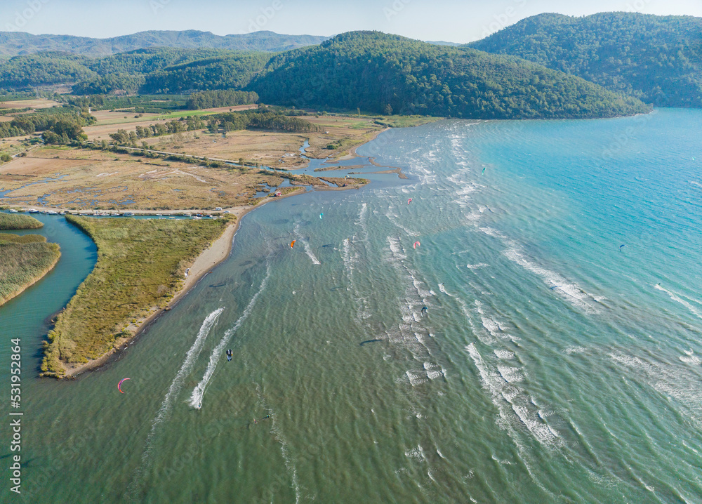 Kite Surfing in the Akyaka Beach Drone Photo, Akyaka Mugla, Turkey