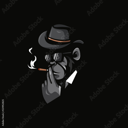 Illustration of monkey smoking wearing cowboy hat with glasses and bitcoin reflection