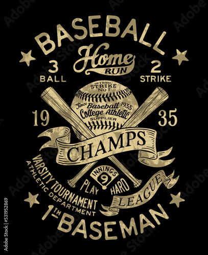 Vintage baseball tournament champs vector artwork for boy sport wear shirt grunge effect in separate layer 