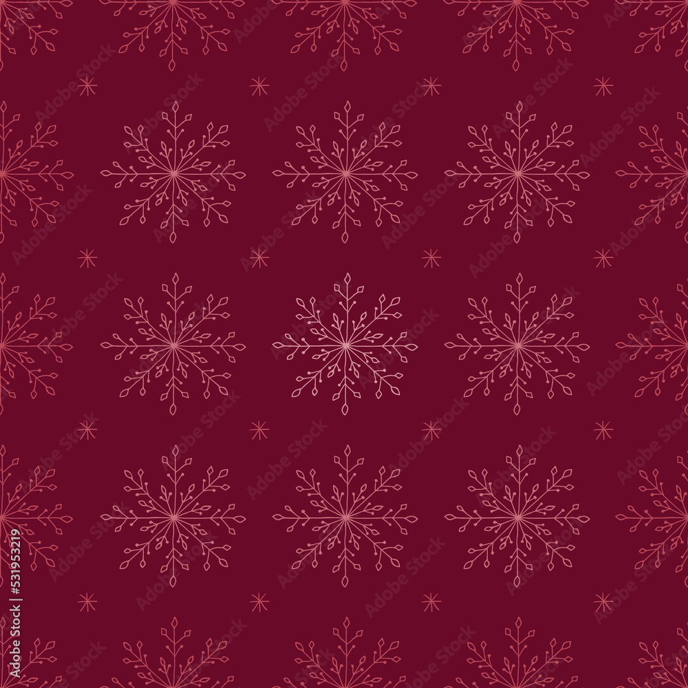 Christmas seamless pattern with doodle snowflakes on a red background.