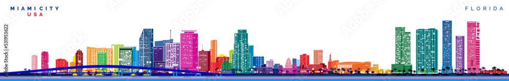 Fototapeta premium Miami city skyline rainbow silhouette vector illustration