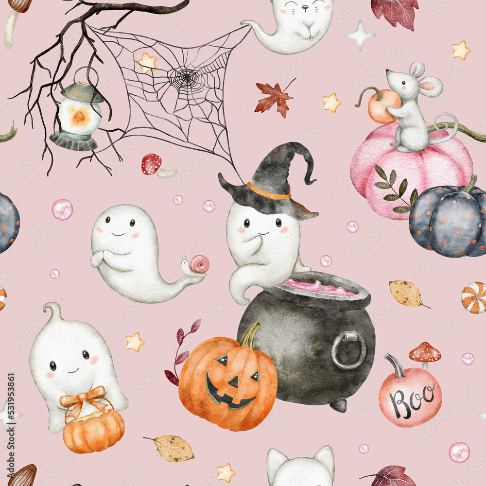 Cute halloween seamless pattern. Invitation card design. Pink background. Watercolor illustration. Cute ghost, pumpkin, fall leaf, spiderweb, stars, lantern, cauldron